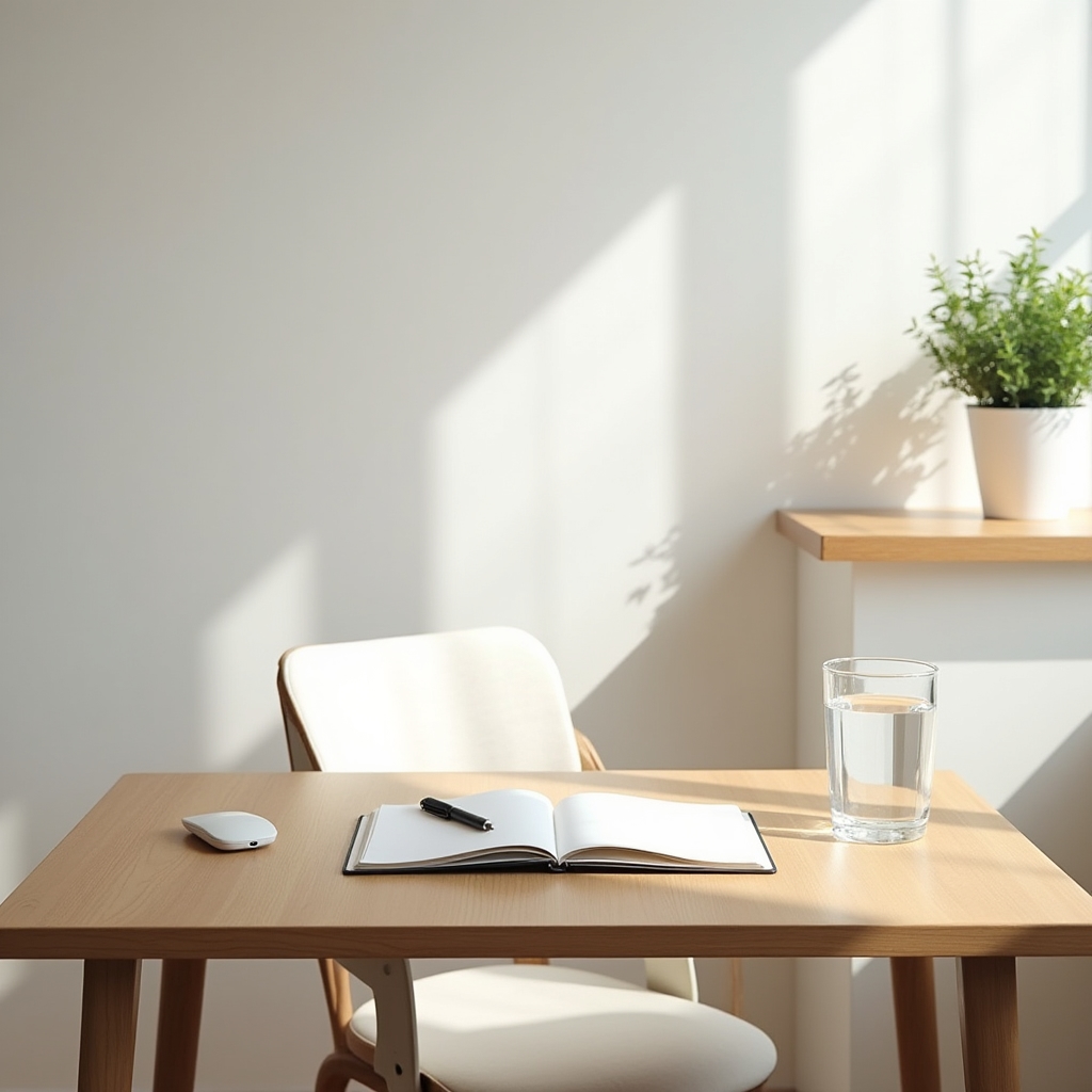 Espacio de trabajo ordenado y luminoso con sensación de claridad y foco