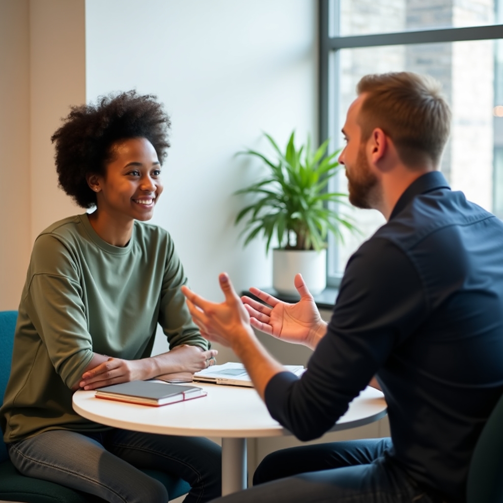 Dos personas en conversación inicial de consultoría en un espacio de trabajo moderno