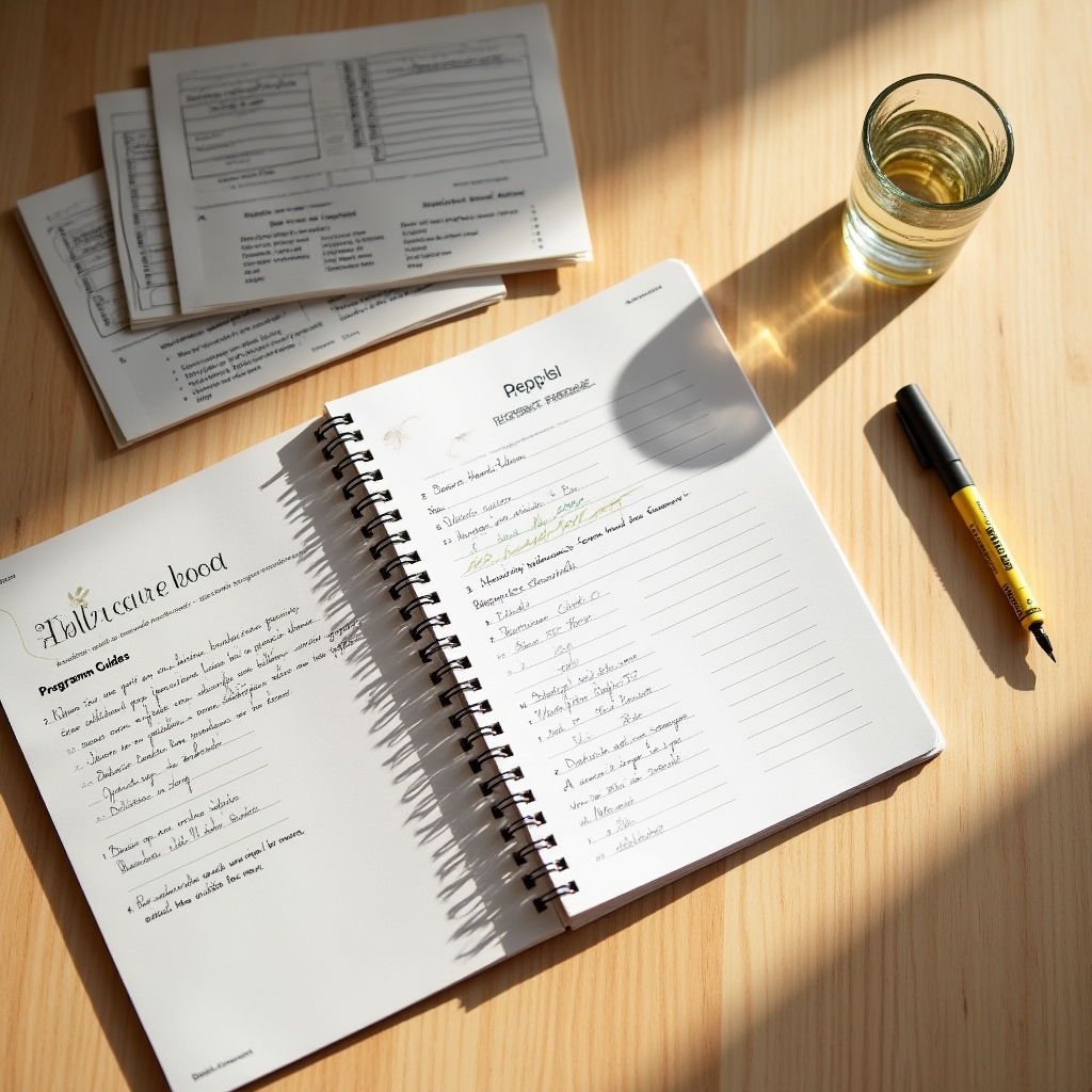 Materiales del programa sobre un escritorio ordenado con cuaderno y laptop